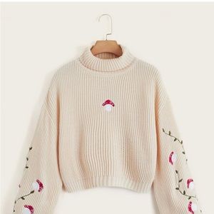 ROMWE Mushroom Embroidery High Neck Sweater